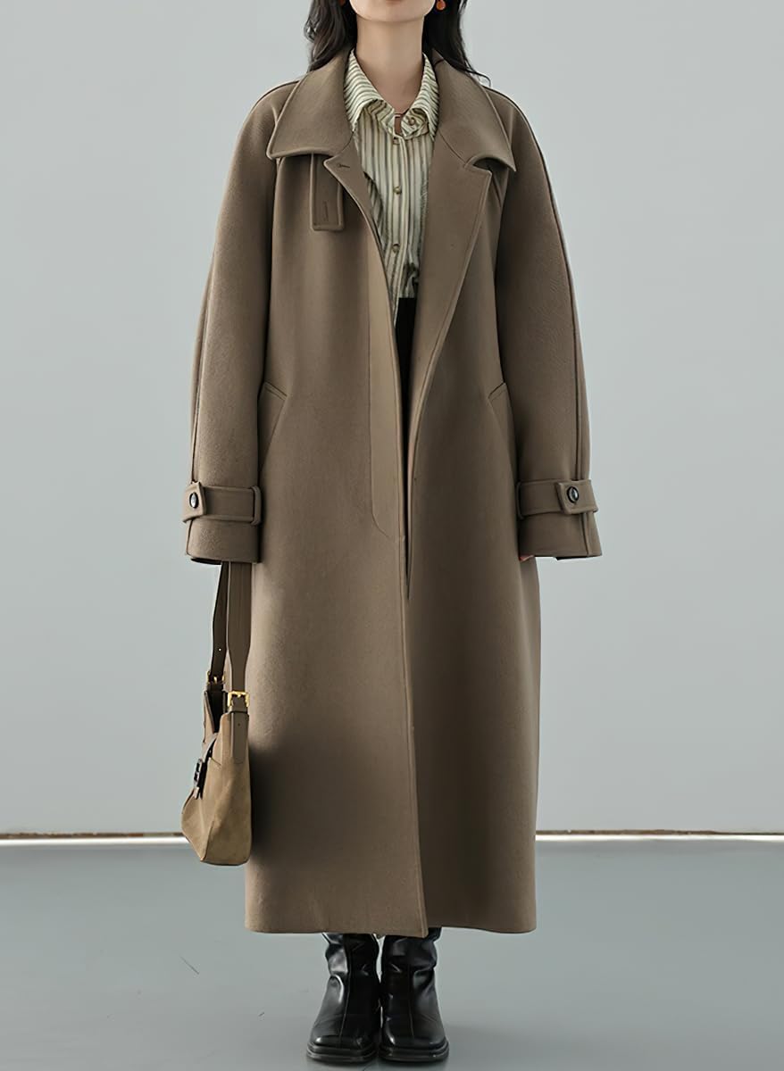 Women's Winter Hidden Single Breasted Wool Coat Raglan Sleeve Business Long Wool Overcoat - Image 2