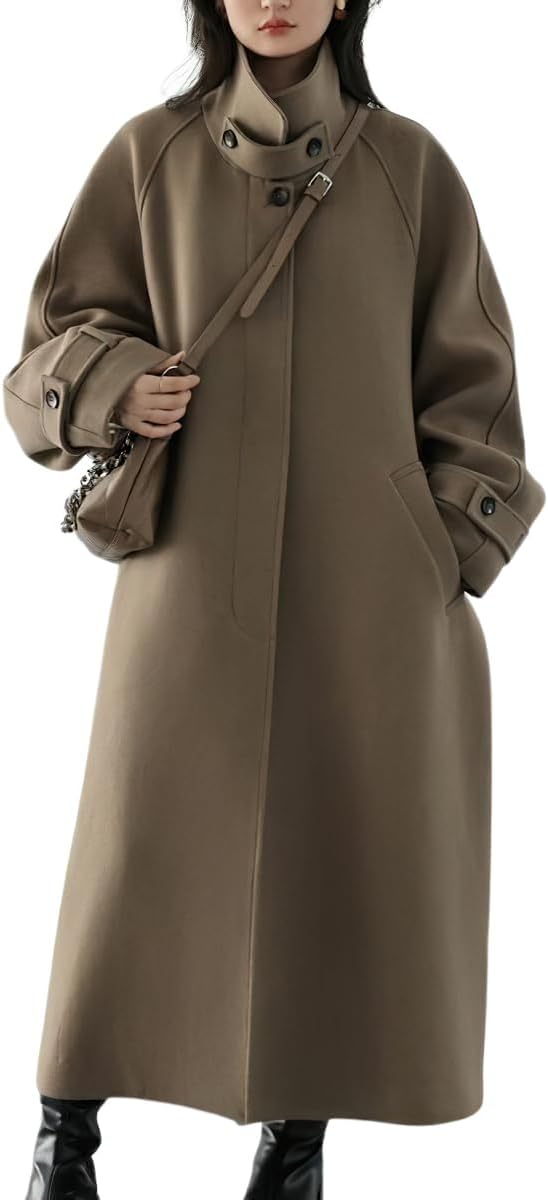 Women's Winter Hidden Single Breasted Wool Coat Raglan Sleeve Business Long Wool Overcoat