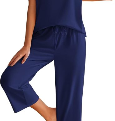 Women Cotton Pajamas Sets Short Sleeve Tops and  Pants Sleepwear Loungewear with Pockets