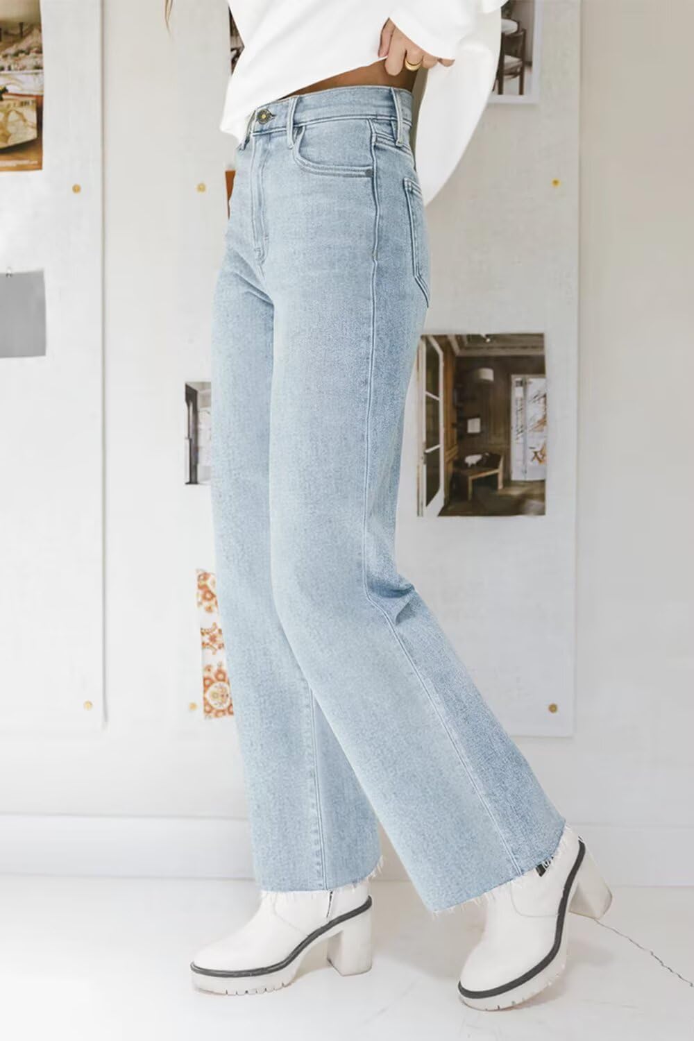 Straight Leg Jeans for Women High Waisted Jeans Frayed Baggy Pants Raw Hem Loose Stretchy Cropped Wide Leg Jeans - Image 2