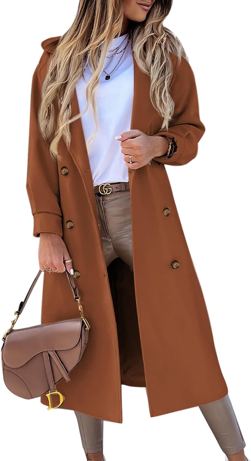 Women's Long Coat Notched Lapel Collar Double Breasted Pea Coat Winter Elegant Wool Blend Over Coats Jackets
