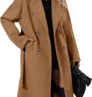 Women Elegant Wool Pea Coat Lapel Collar Double Breasted Mid-Long Winter Overcoats with Belted Pockets