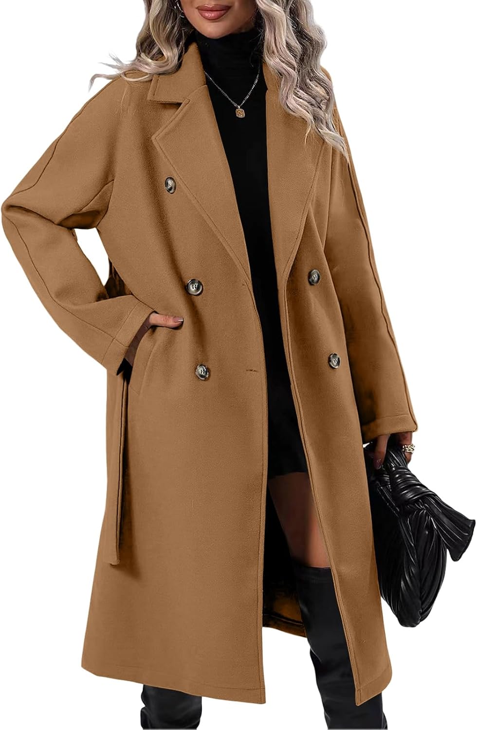 Women Elegant Wool Pea Coat Lapel Collar Double Breasted Mid-Long Winter Overcoats with Belted Pockets
