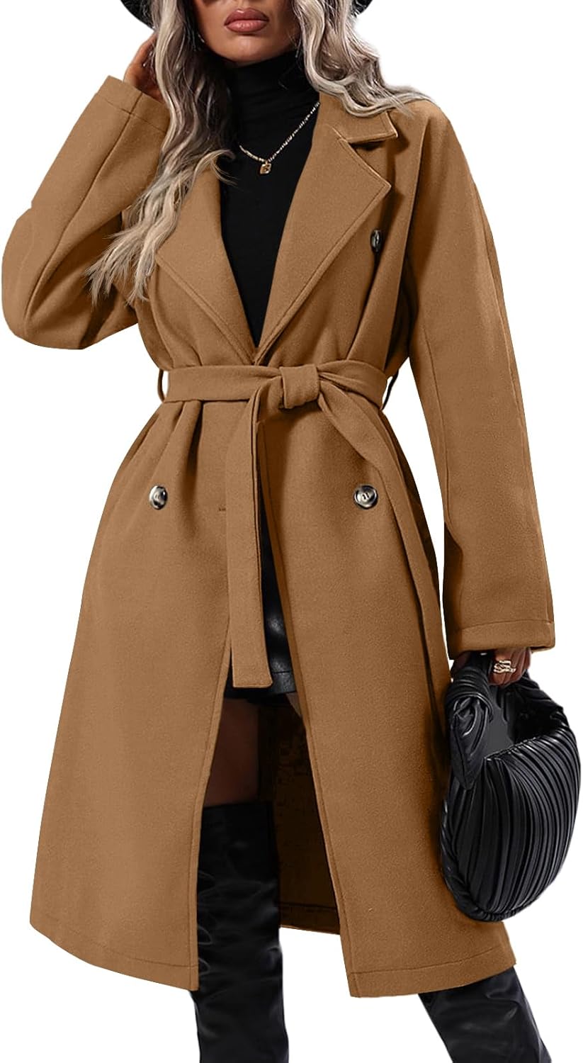 Women Elegant Wool Pea Coat Lapel Collar Double Breasted Mid-Long Winter Overcoats with Belted Pockets - Image 2
