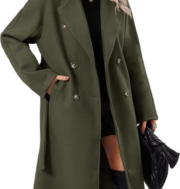 Women Elegant Wool Pea Coat Lapel Collar Double Breasted Mid-Long Winter Overcoats with Belted Pockets