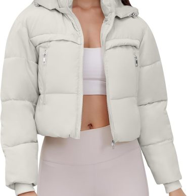 Women Winter Coats Cropped Puffer Jacket Long Sleeve Zip Warm Down Jackets