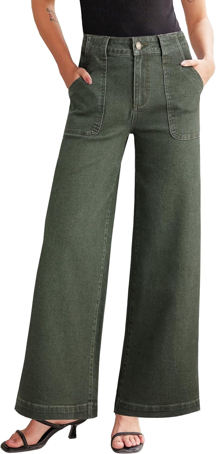 Womens Wide Leg Jeans High Waisted Stretchy Straight Leg Baggy Denim Pants with Pockets