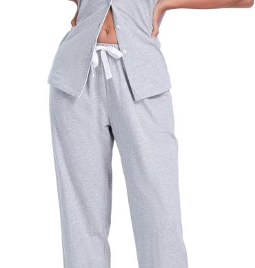 Women 100% Cotton Pajama Set Button Down Sleepwear Short Sleeve Shirt and Long Pants Soft ladies Lounge Sets