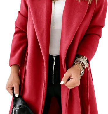 Womens Classic Coat Lapel Collar Open Front Belted Long Jacket