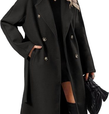 Women Elegant Wool Pea Coat Lapel Collar Double Breasted Mid-Long Winter Overcoats with Belted Pockets