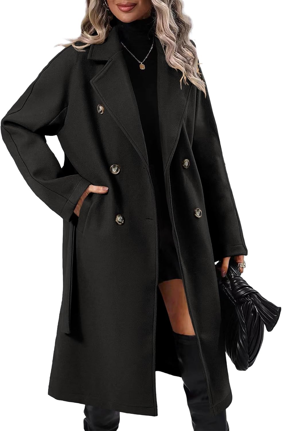 Women Elegant Wool Pea Coat Lapel Collar Double Breasted Mid-Long Winter Overcoats with Belted Pockets
