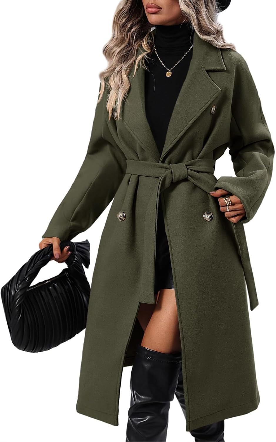 Women Elegant Wool Pea Coat Lapel Collar Double Breasted Mid-Long Winter Overcoats with Belted Pockets - Image 2