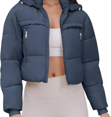 Women Winter Coats Cropped Puffer Jacket Long Sleeve Zip Warm Down Jackets