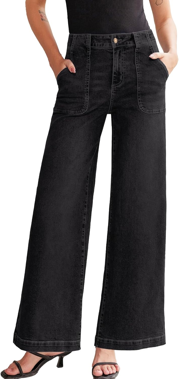 Womens Wide Leg Jeans High Waisted Stretchy Straight Leg Baggy Denim Pants with Pockets