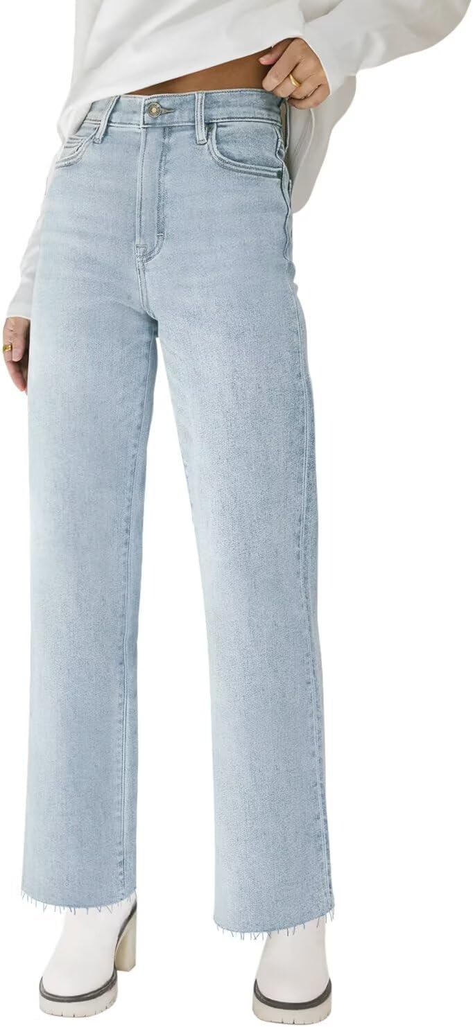 Straight Leg Jeans for Women High Waisted Jeans Frayed Baggy Pants Raw Hem Loose Stretchy Cropped Wide Leg Jeans