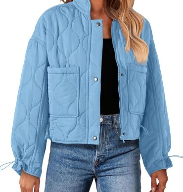 Women Cropped Zip-Up Bomber Jackets Warm Quilted Long Sleeve Stand Neck Winter Coats