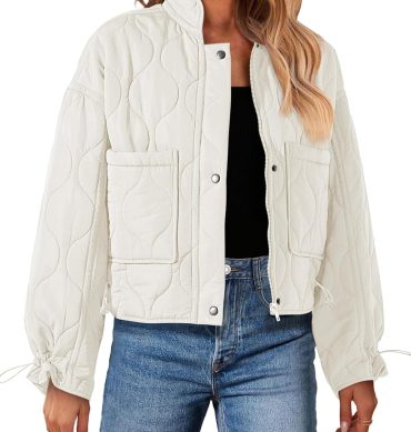 Women Cropped Zip-Up Bomber Jackets Warm Quilted Long Sleeve Stand Neck Winter Coats