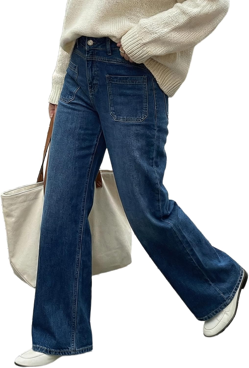 Womens Lyocell Cotton Denim Adjustable Waist Stretchy Spring Wide Leg Jeans - Image 2