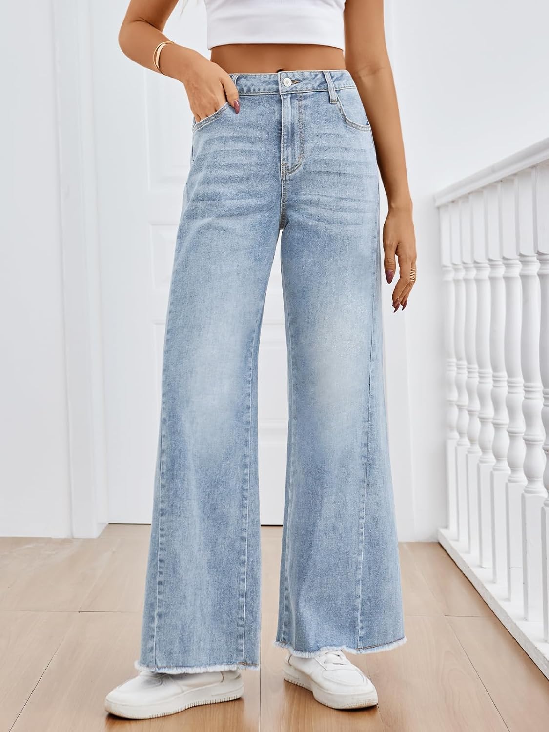 Women's Wide Leg Jeans, Relaxed Loose Straight Leg with Raw Hem, Comfort Denim Pants - Image 2