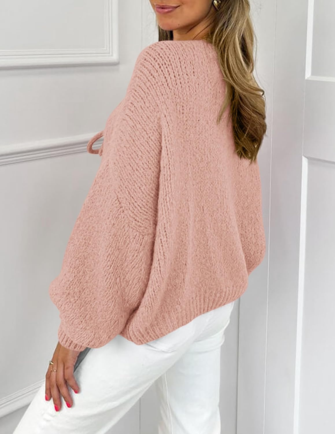 Women Tie Front Bow Cardigan Sweaters Chunky Knit Long Puff Sleeve Trendy Fall Winter Jacket Coats - Image 2