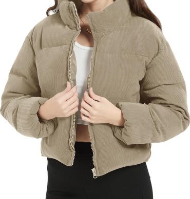 WomenCropped Corduroy Puffer Jacket Winter Jackets Warm Long Sleeve Zip Quilted Down Puffer coat