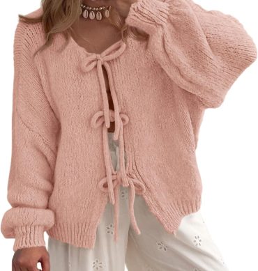 Women Tie Front Bow Cardigan Sweaters Chunky Knit Long Puff Sleeve Trendy Fall Winter Jacket Coats