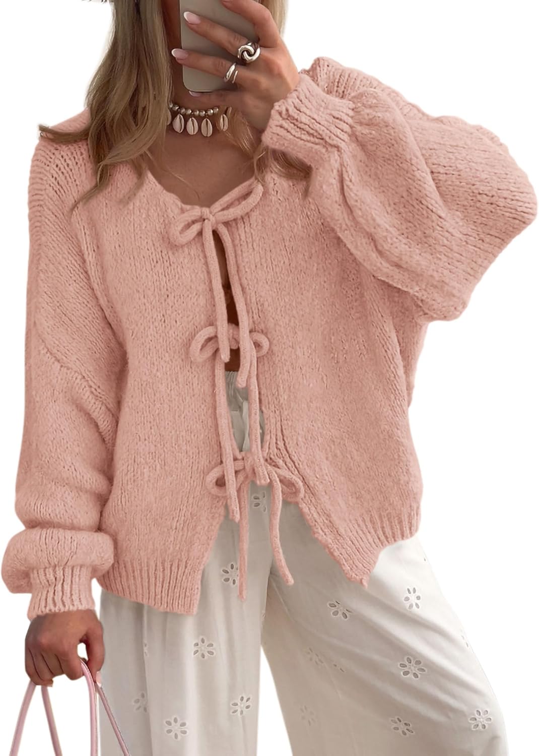 Women Tie Front Bow Cardigan Sweaters Chunky Knit Long Puff Sleeve Trendy Fall Winter Jacket Coats