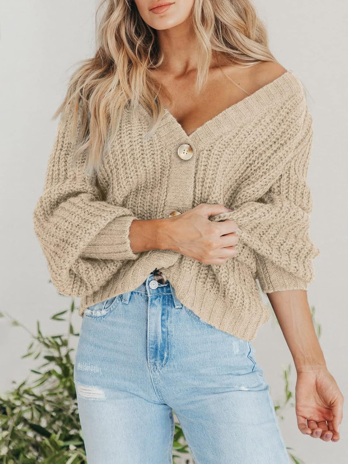 Women Chunky Knit Open Front Sweater Long Sleeve Button Loose Short Cardigan Outerwear Coats - Image 2