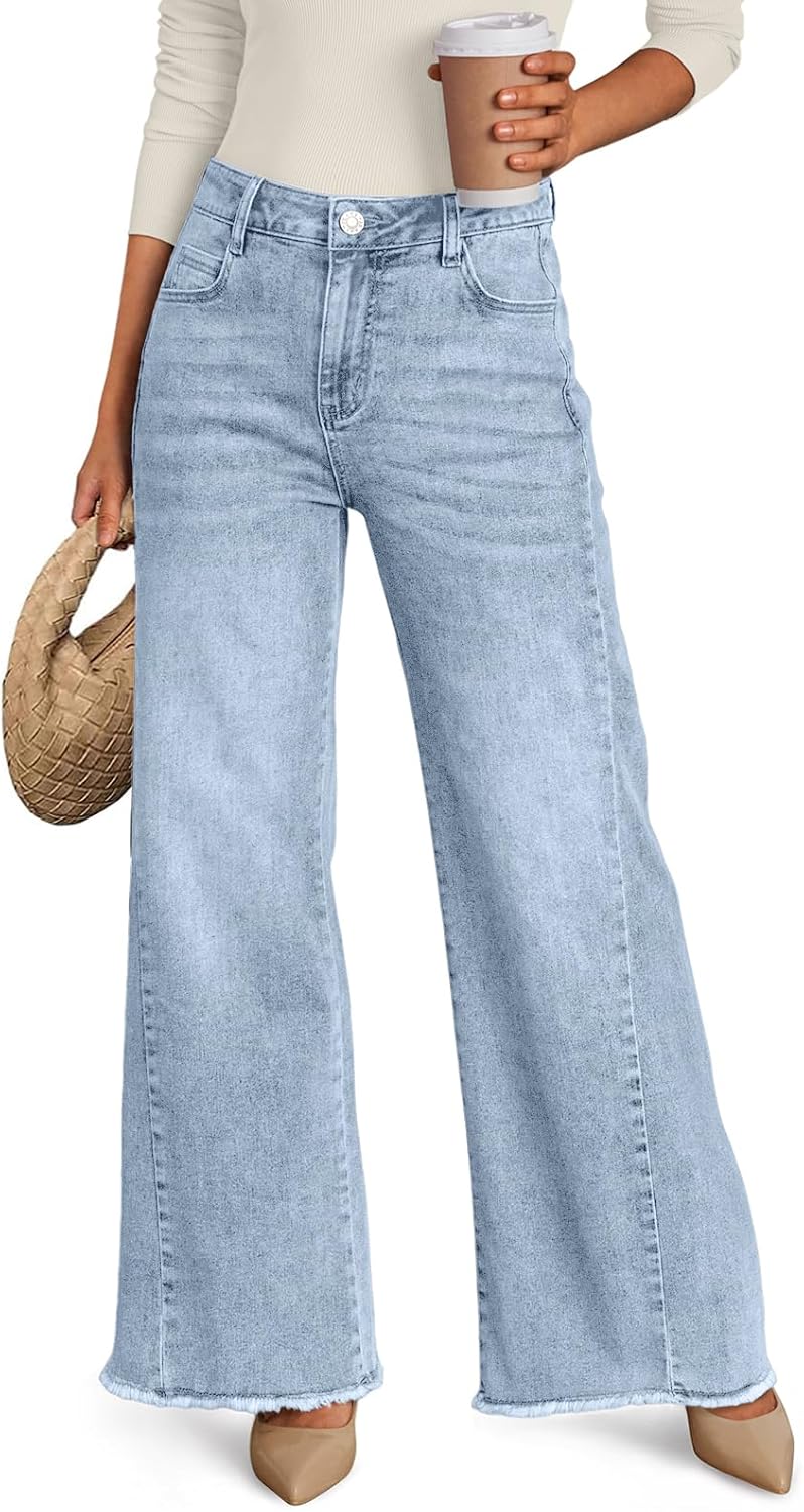 Women's Wide Leg Jeans, Relaxed Loose Straight Leg with Raw Hem, Comfort Denim Pants
