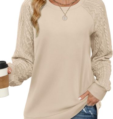 Sweatshirts for Women Crewneck Cable Knit Sleeve Sweaters Lightweight Fashion