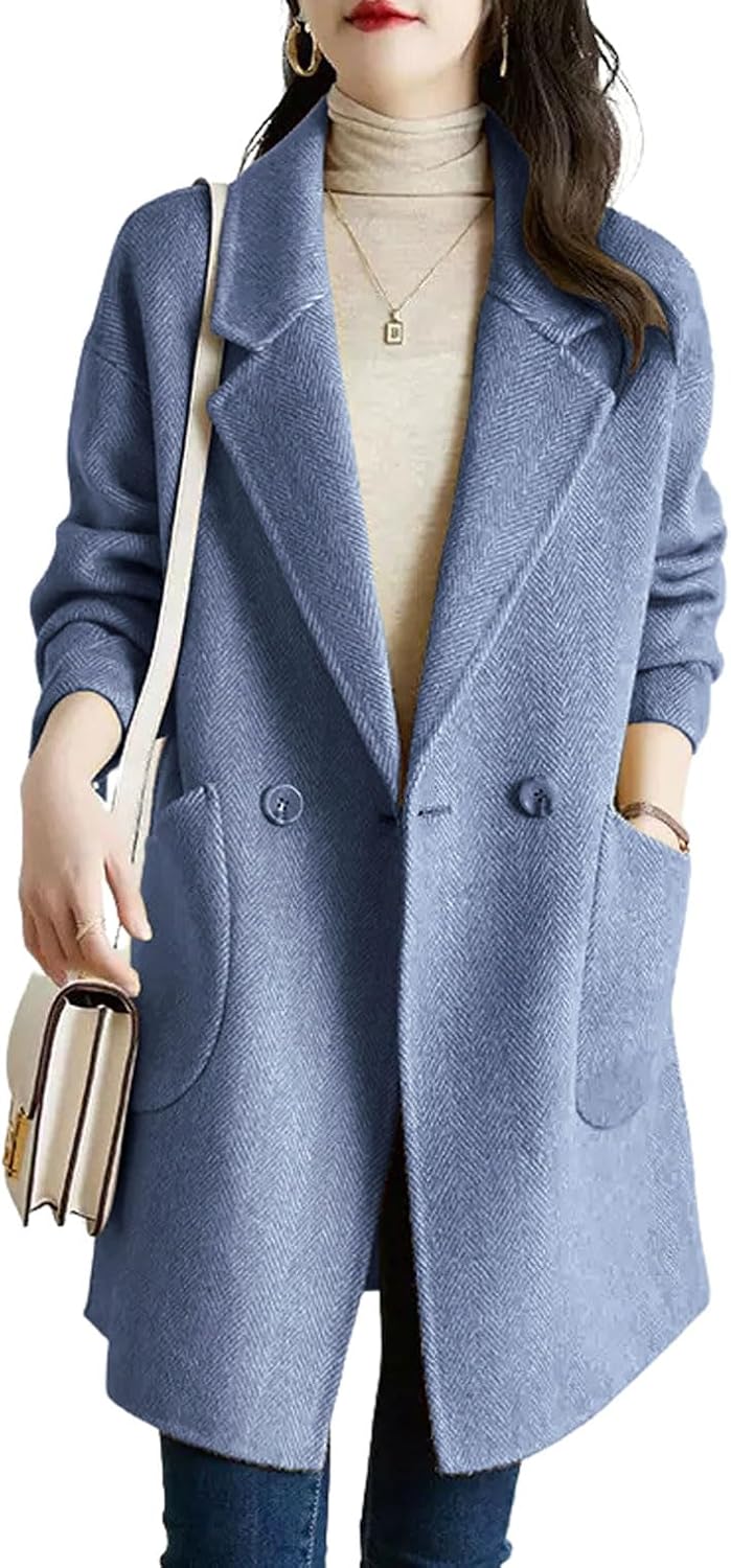 Women's Notch Lapel Herringbone Wool Coat Formal Office Work Double Breasted Winter Pea Coat