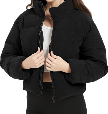 WomenCropped Corduroy Puffer Jacket Winter Jackets Warm Long Sleeve Zip Quilted Down Puffer coat