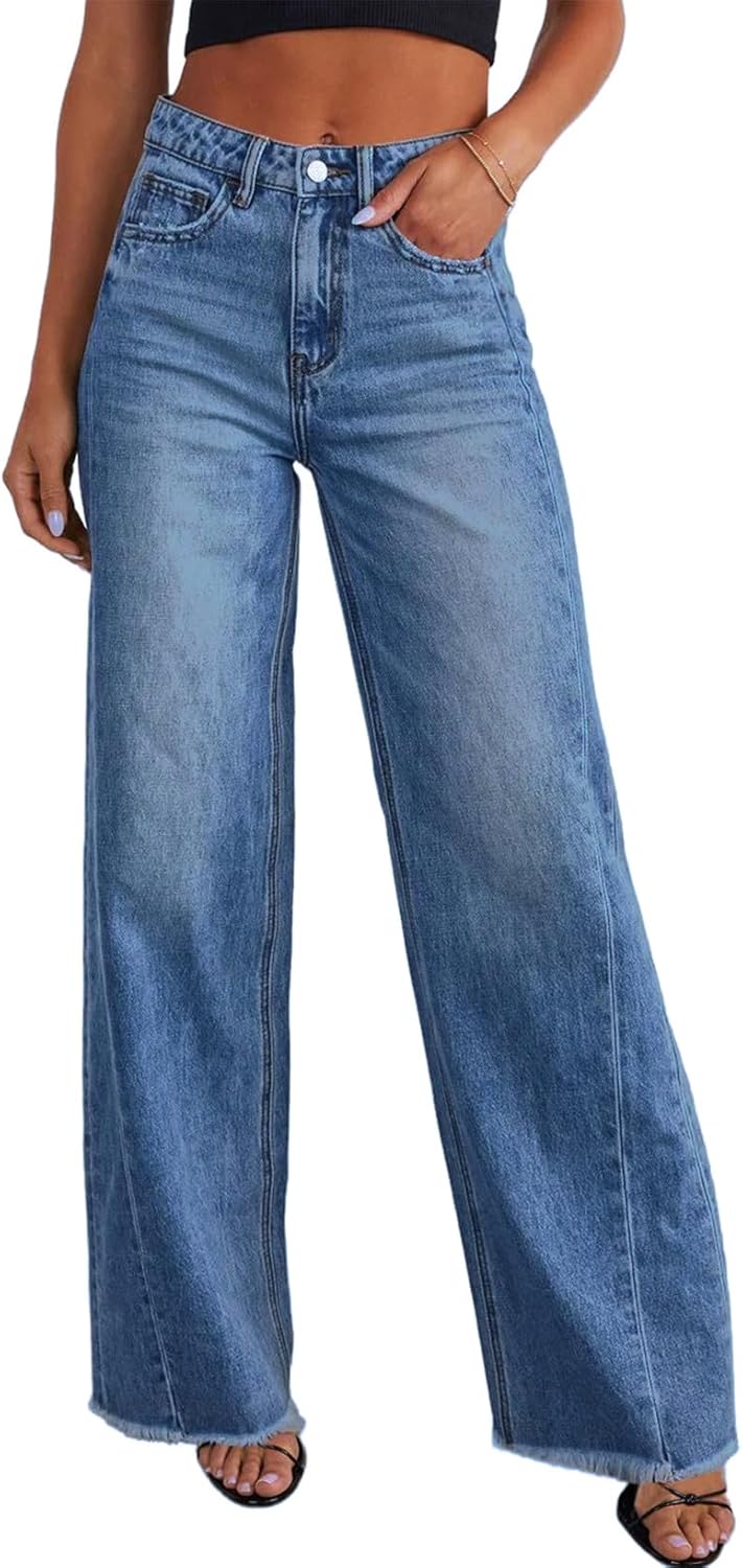 Women's Wide Leg Jeans High Waisted Stretchy Raw Hem Denim Pants