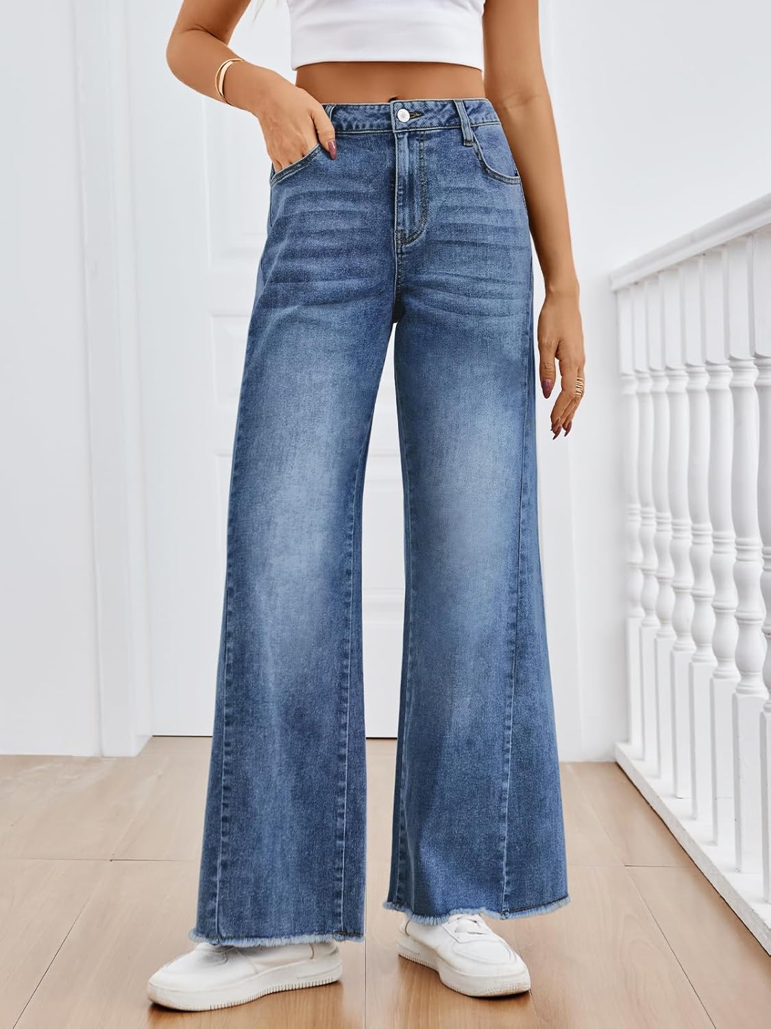 Women's Wide Leg Jeans, Relaxed Loose Straight Leg with Raw Hem, Comfort Denim Pants - Image 2