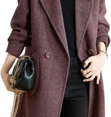 Women's Notch Lapel Herringbone Wool Coat Formal Office Work Double Breasted Winter Pea Coat