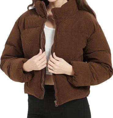 WomenCropped Corduroy Puffer Jacket Winter Jackets Warm Long Sleeve Zip Quilted Down Puffer coat