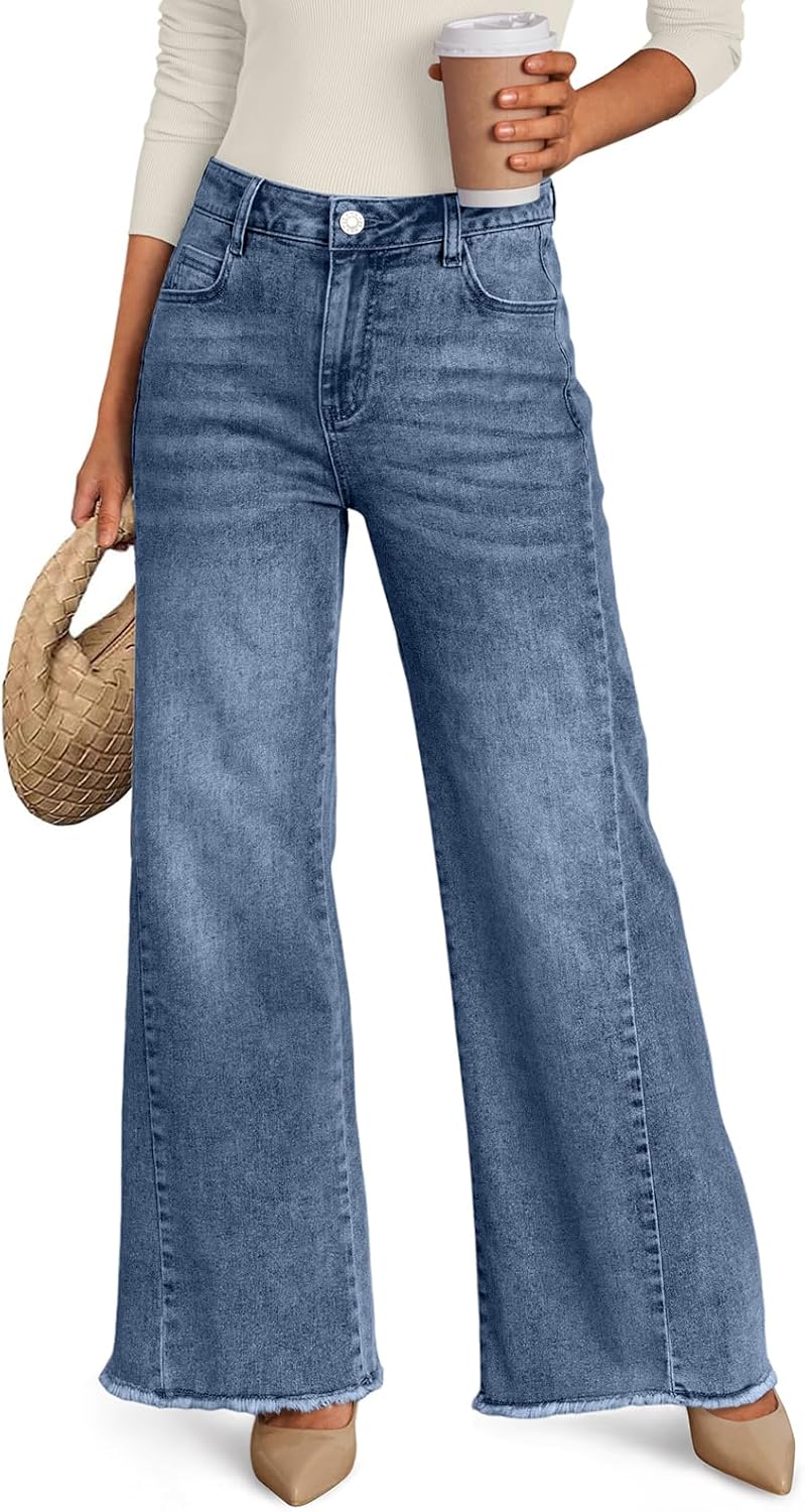 Women's Wide Leg Jeans, Relaxed Loose Straight Leg with Raw Hem, Comfort Denim Pants