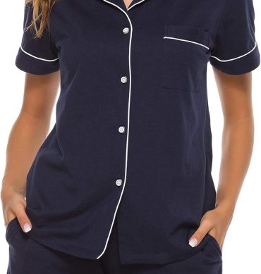 Women 100% Cotton Pajamas Short Set Soft Short Sleeve Sleepwear Button Down Summer Pjs Set with Pockets S-XXL