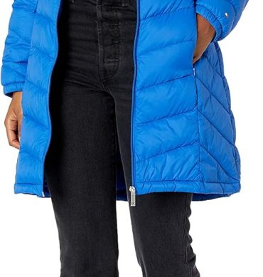 Women Mid-Length Puffer Hooded Down Jacket with Drawstring Packing Bag