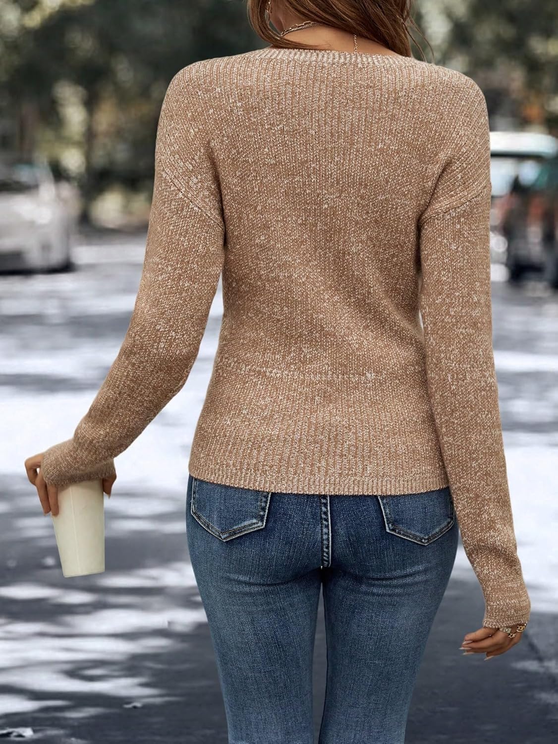 Women V Neck Long Sleeve Off Shoulder Sweaters Criss Cross Wrap Ruched Pullover Fall Tops - Image 2