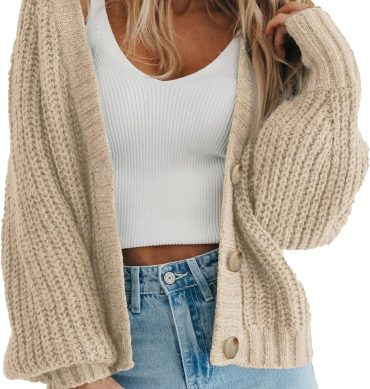 Women Chunky Knit Open Front Sweater Long Sleeve Button Loose Short Cardigan Outerwear Coats