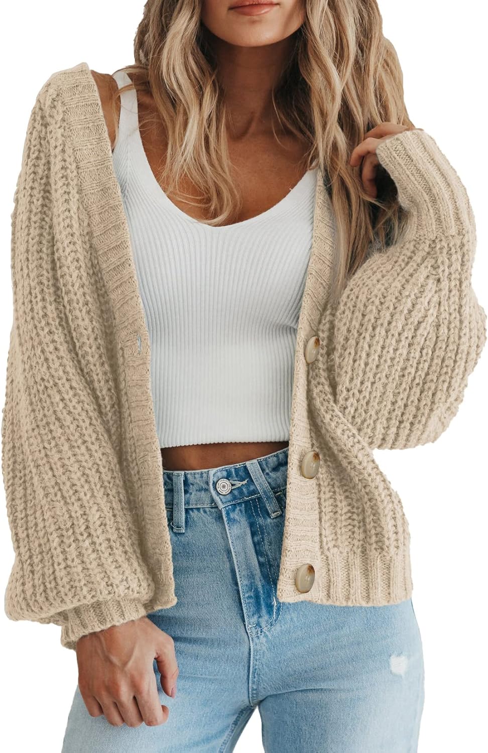 Women Chunky Knit Open Front Sweater Long Sleeve Button Loose Short Cardigan Outerwear Coats