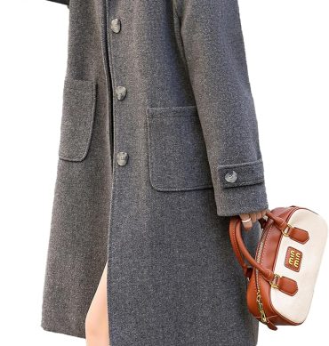 Women's Round neck Single row Breasted Wool Blend Mid Long Pea Trench Coat Wool coat
