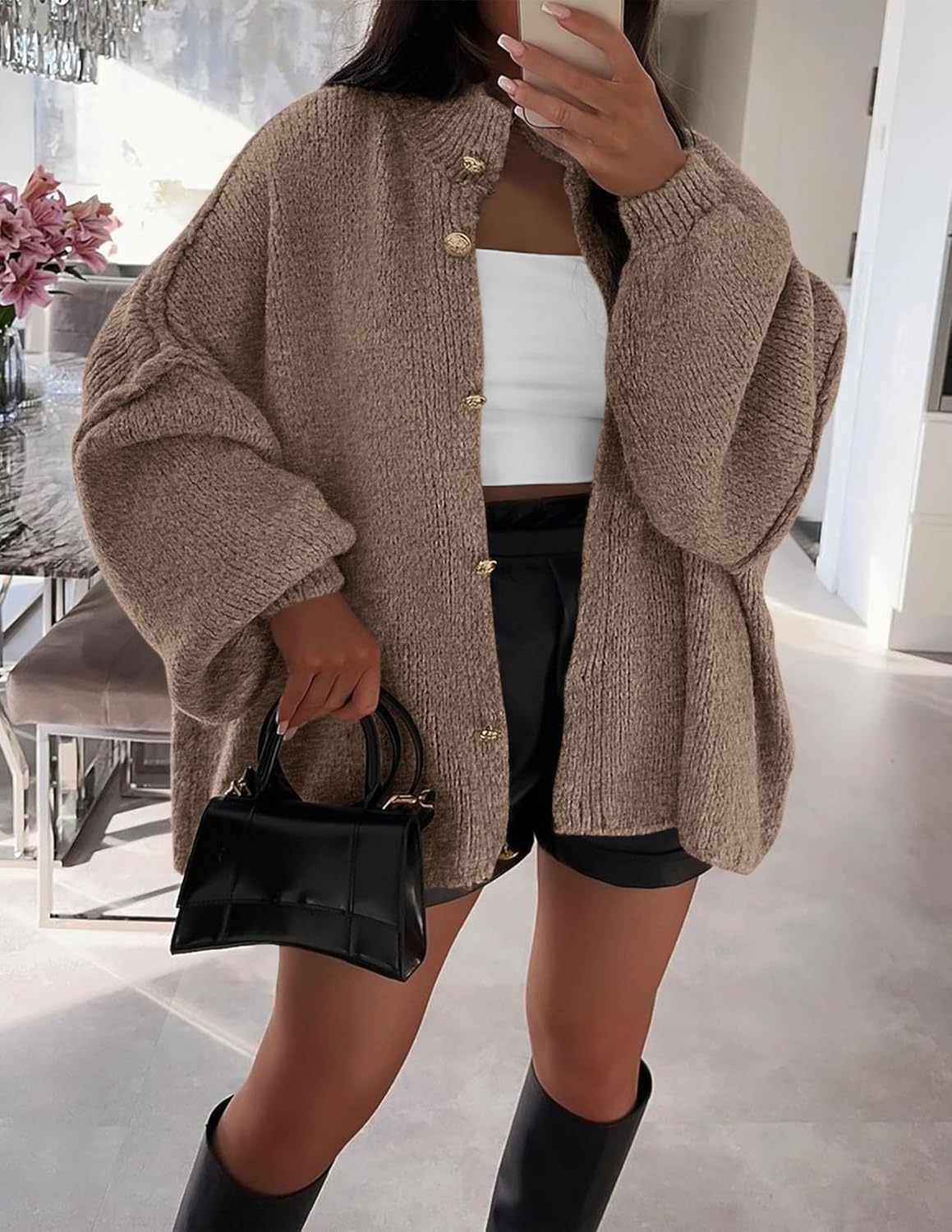 Women Winter Button Down Cardigan Sweaters Mock Neck Lantern Long Sleeve Chunky Knit Jacket Trendy Outerwear - Image 2