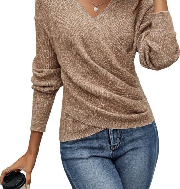 Women V Neck Long Sleeve Off Shoulder Sweaters Criss Cross Wrap Ruched Pullover Fall Tops