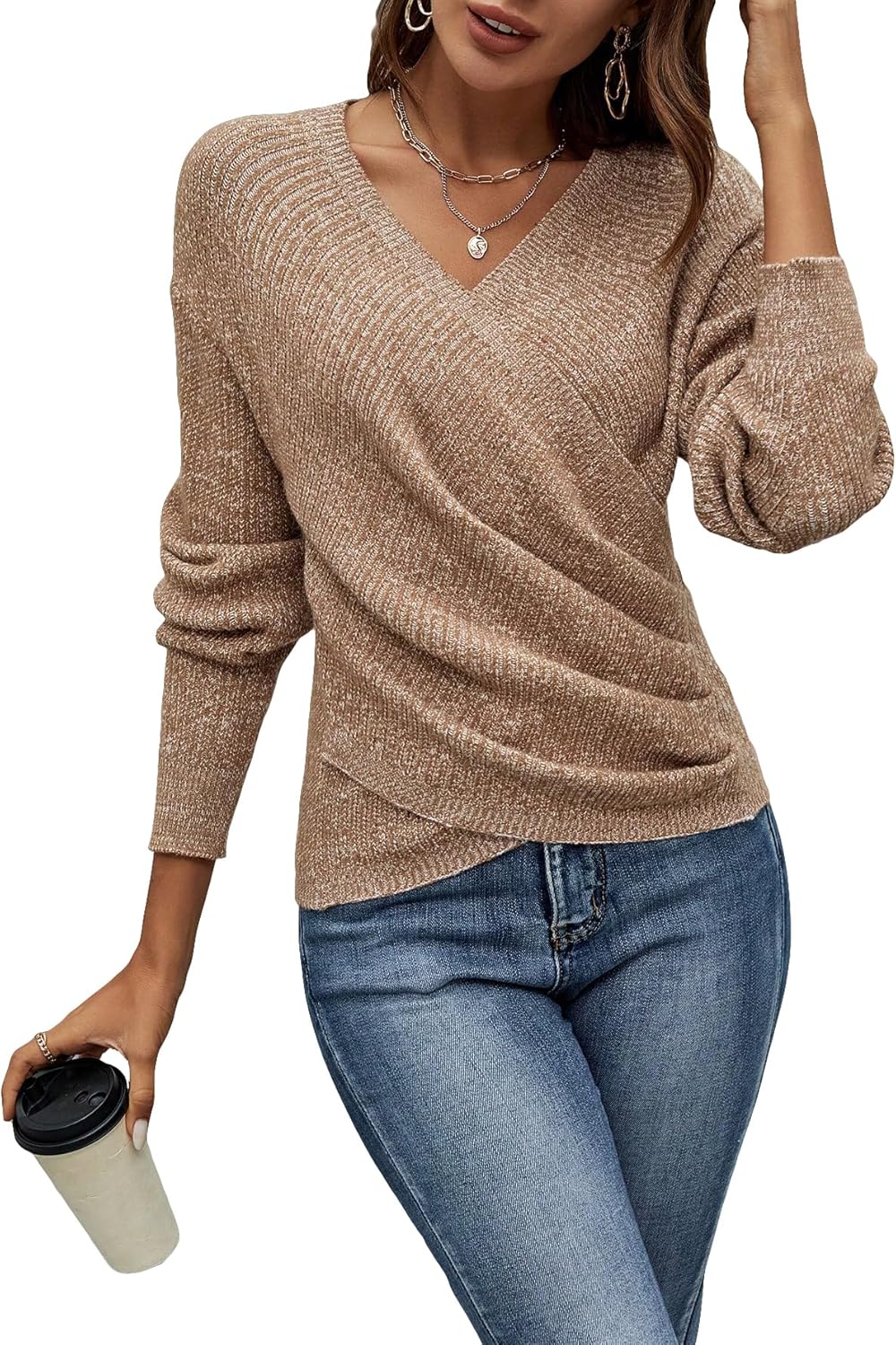 Women V Neck Long Sleeve Off Shoulder Sweaters Criss Cross Wrap Ruched Pullover Fall Tops