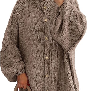 Women Winter Button Down Cardigan Sweaters Mock Neck Lantern Long Sleeve Chunky Knit Jacket Trendy Outerwear