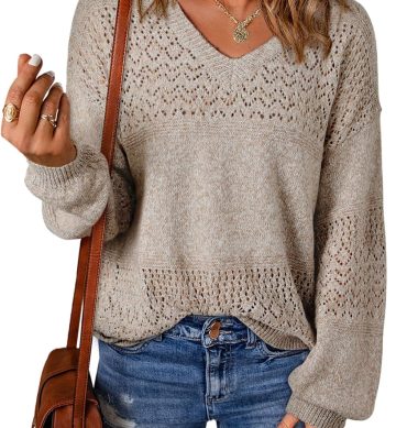Women Sweaters Casual Long Sleeve V Neck Lightweight Crochet Pullover Sweater Tops