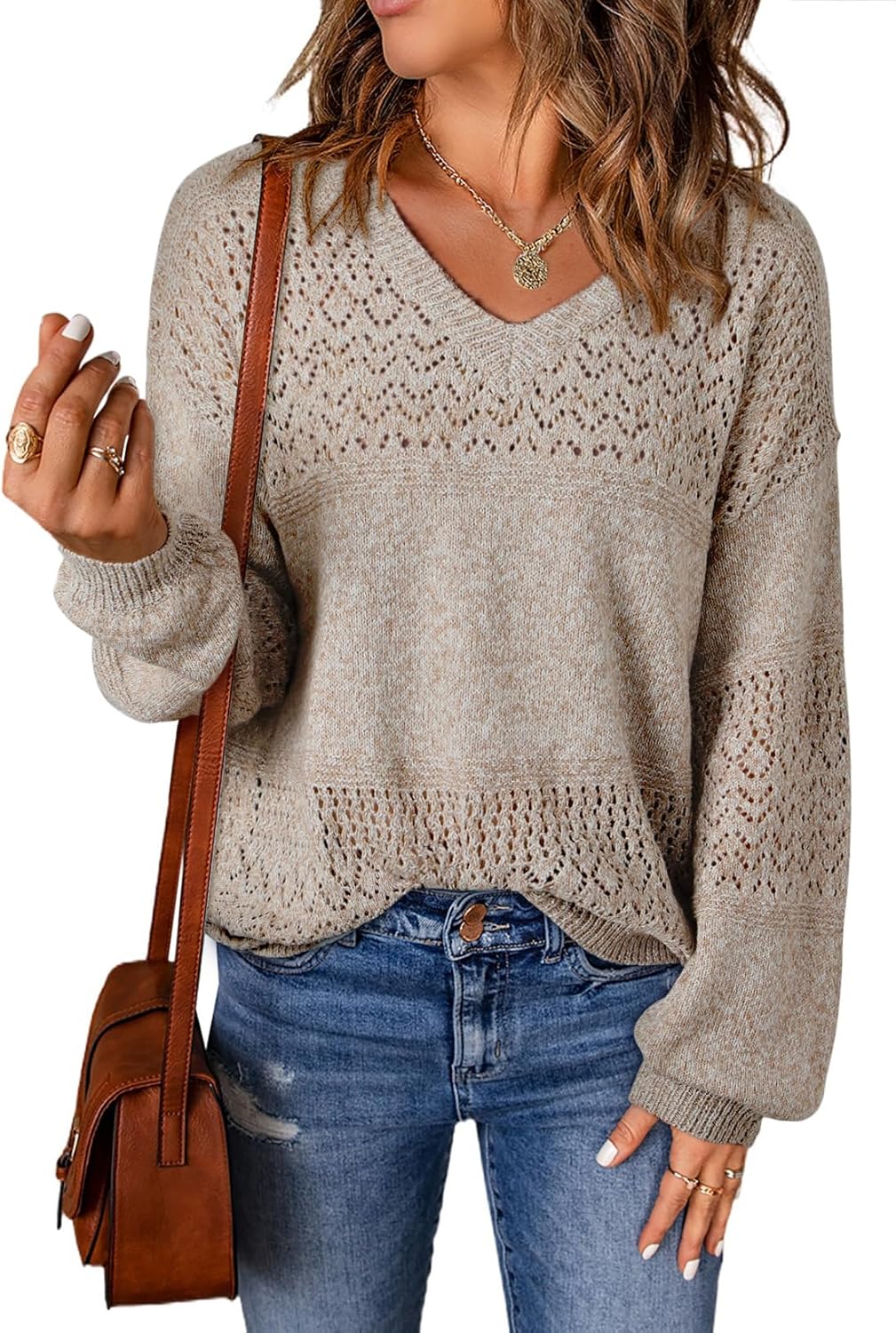 Women Sweaters Casual Long Sleeve V Neck Lightweight Crochet Pullover Sweater Tops