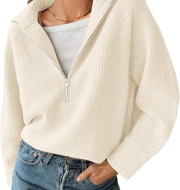 Women’s Casual Long Sleeve Half Zip Pullover Sweaters Solid V Neck Collar Ribbed Knitted Loose Slouchy Jumper Tops